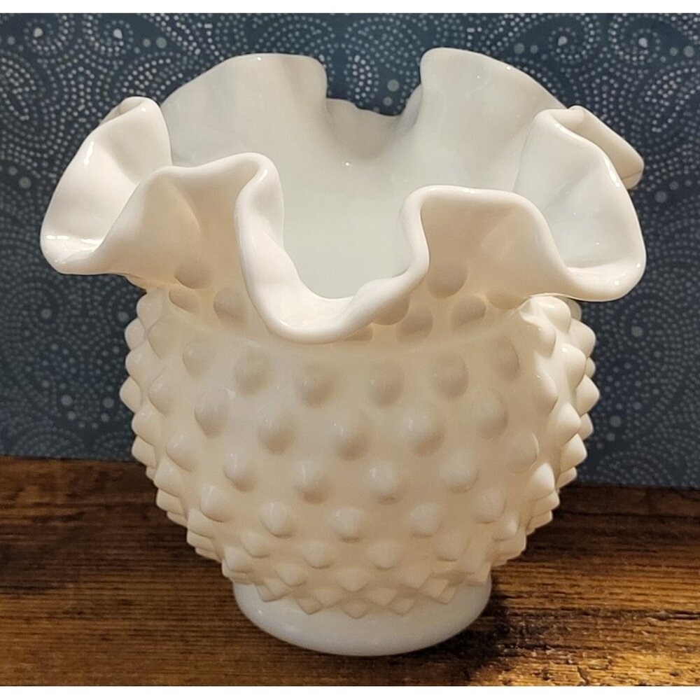 Vintage Fenton White Milk Glass Hobnail Ruffled Edge Rose Bowl Vase Granny Core
